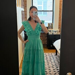 Brand new Love the Label mint blue Ruffled-collar V neck tiered midi dress